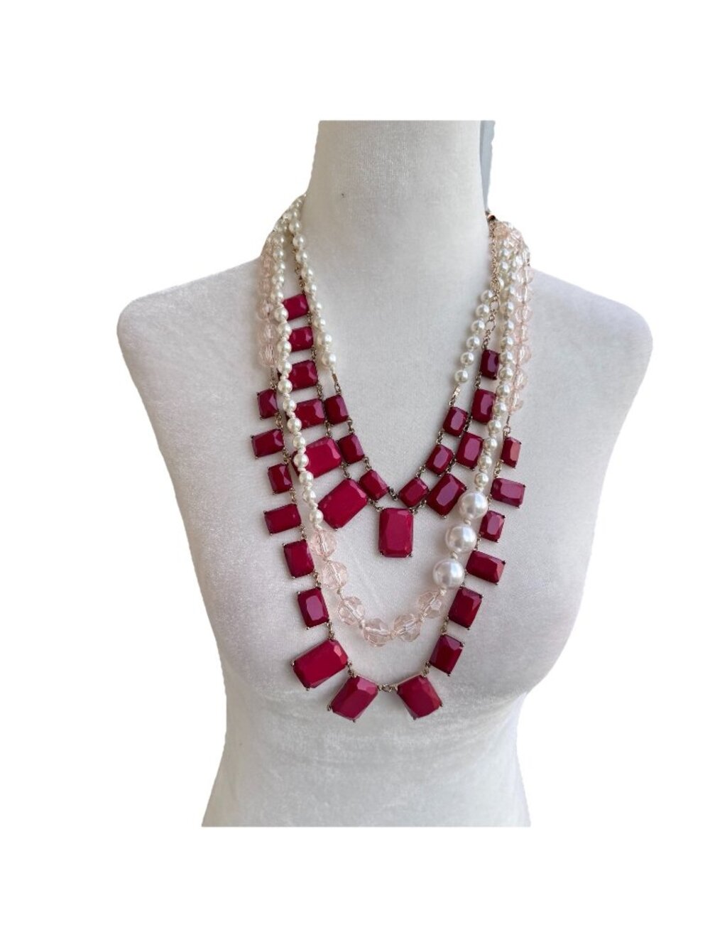 Statement Bib Long Layered Necklace Red Gold Peach Pearl Adjustable Length